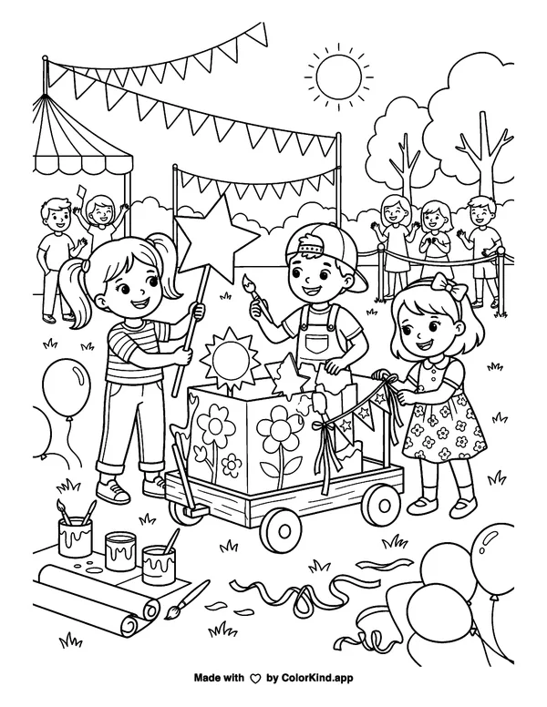 Children preparing a cheerful parade at a cheerful outdoor festival as clean black-and-white printable line art made by ColorKind