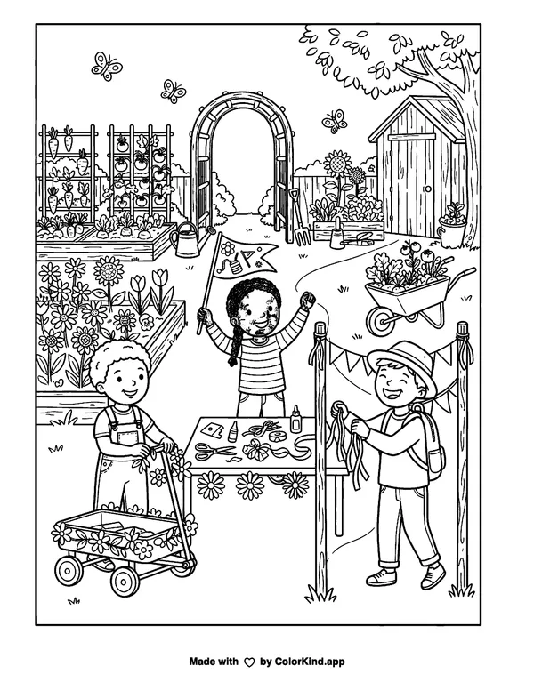 Children preparing a cheerful parade in a lively community garden as clean black-and-white printable line art made by ColorKind