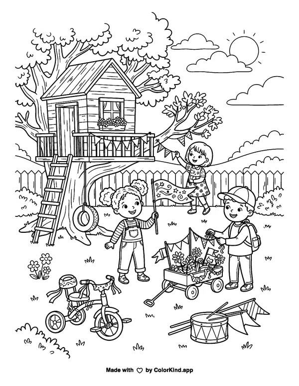 Children preparing a cheerful parade near a cozy treehouse as clean black-and-white printable line art made by ColorKind