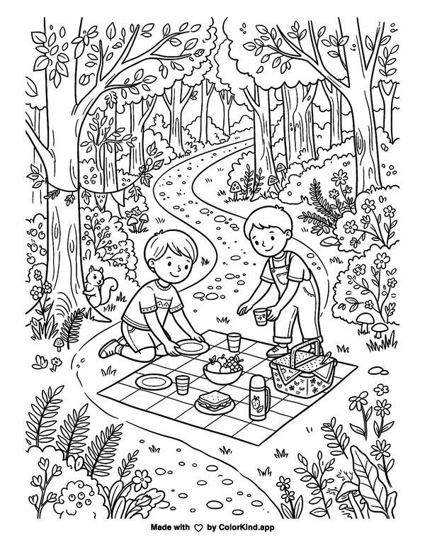 Children setting up a festive picnic along a winding woodland trail as clean black-and-white printable line art made by ColorKind