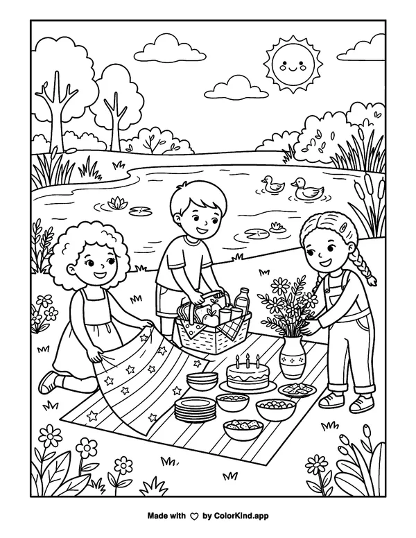Children setting up a festive picnic beside a peaceful pond as clean black-and-white printable line art made by ColorKind