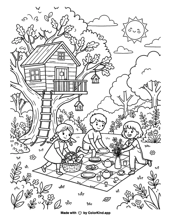 Children setting up a festive picnic near a cozy treehouse as clean black-and-white printable line art made by ColorKind