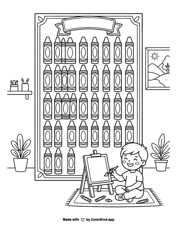 Child Painting at an Easel, scene 2 as clean black-and-white printable line art made by ColorKind