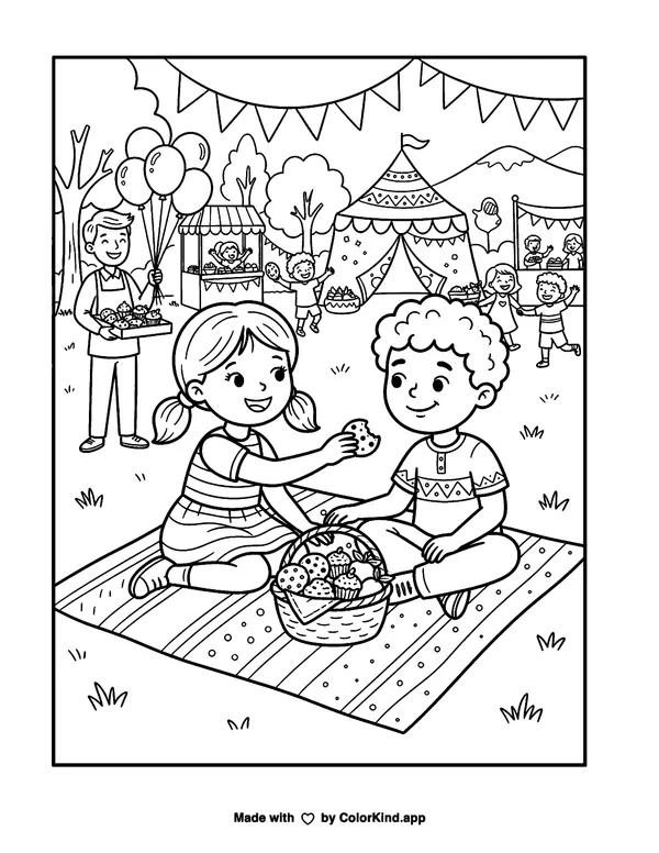 Children sharing homemade treats at a cheerful outdoor festival as clean black-and-white printable line art made by ColorKind