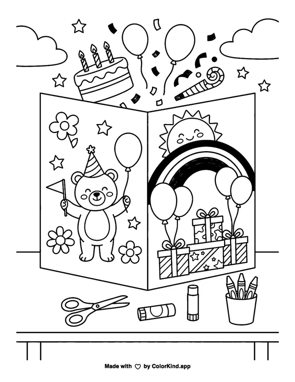 Children sharing homemade treats inside a warm storybook cottage as clean black-and-white printable line art made by ColorKind