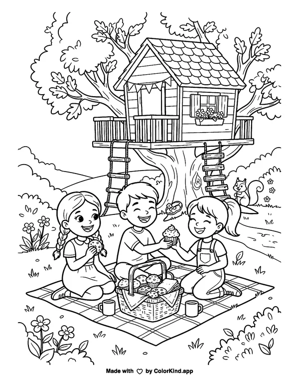 Children sharing homemade treats near a cozy treehouse as clean black-and-white printable line art made by ColorKind
