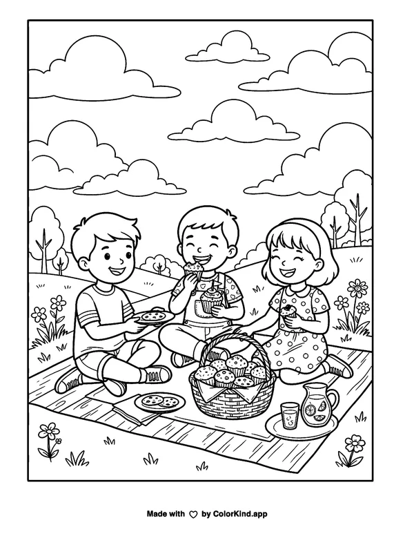 Children sharing homemade treats under a sky full of clouds as clean black-and-white printable line art made by ColorKind