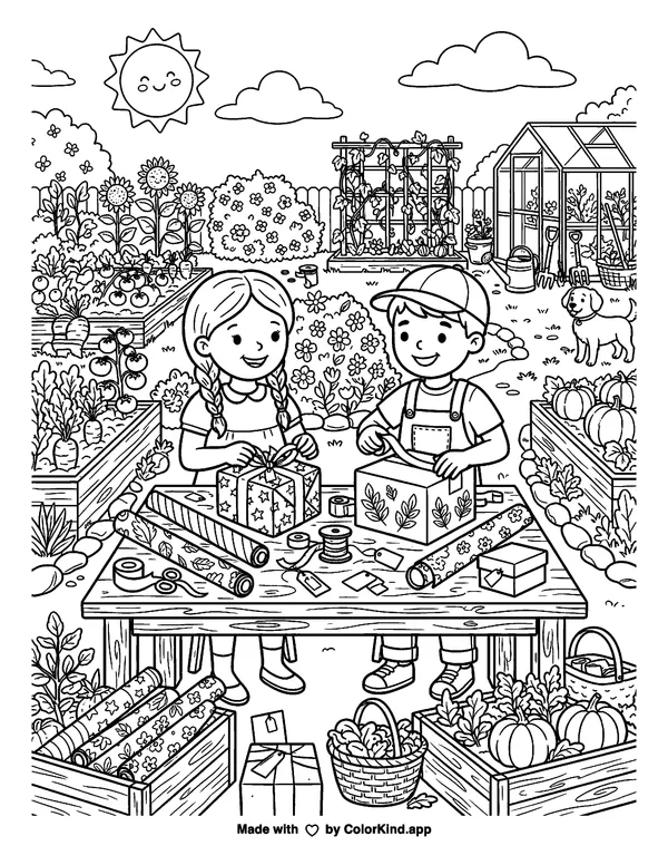 Children wrapping thoughtful gifts in a lively community garden as clean black-and-white printable line art made by ColorKind