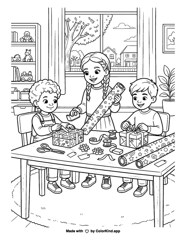 Children wrapping thoughtful gifts in a welcoming neighborhood as clean black-and-white printable line art made by ColorKind