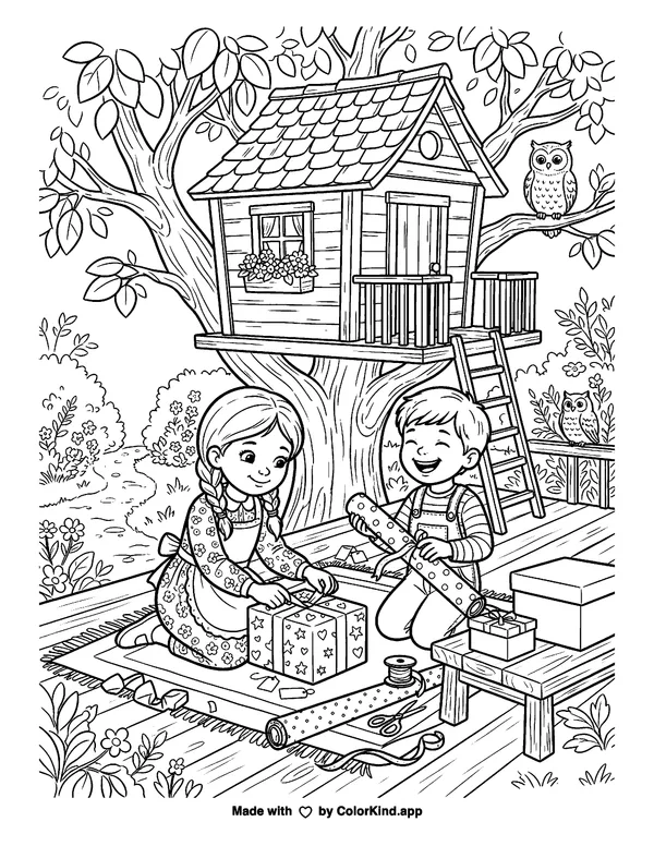Children wrapping thoughtful gifts near a cozy treehouse as clean black-and-white printable line art made by ColorKind