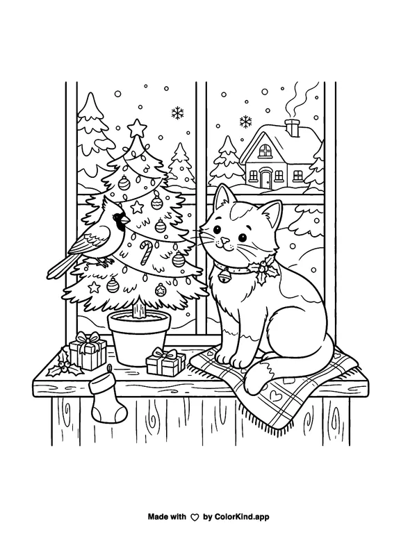 Christmas Cat and Cardinal as clean black-and-white printable line art made by ColorKind