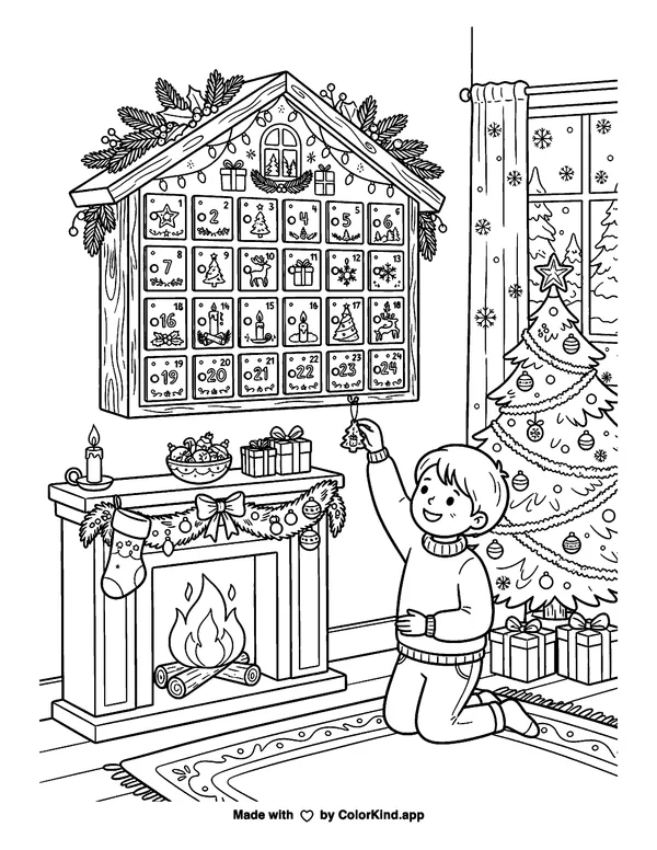 Christmas Countdown Calendar as clean black-and-white printable line art made by ColorKind