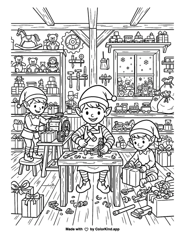 Christmas Elves Working as clean black-and-white printable line art made by ColorKind