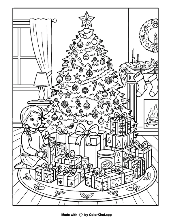 Christmas Gifts Under the Tree as clean black-and-white printable line art made by ColorKind