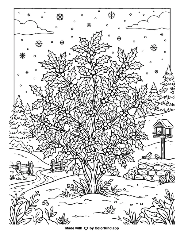 Christmas Holly Bush as clean black-and-white printable line art made by ColorKind