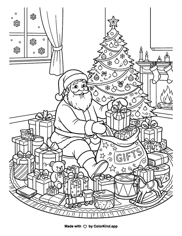 Christmas Santa with Gifts as clean black-and-white printable line art made by ColorKind