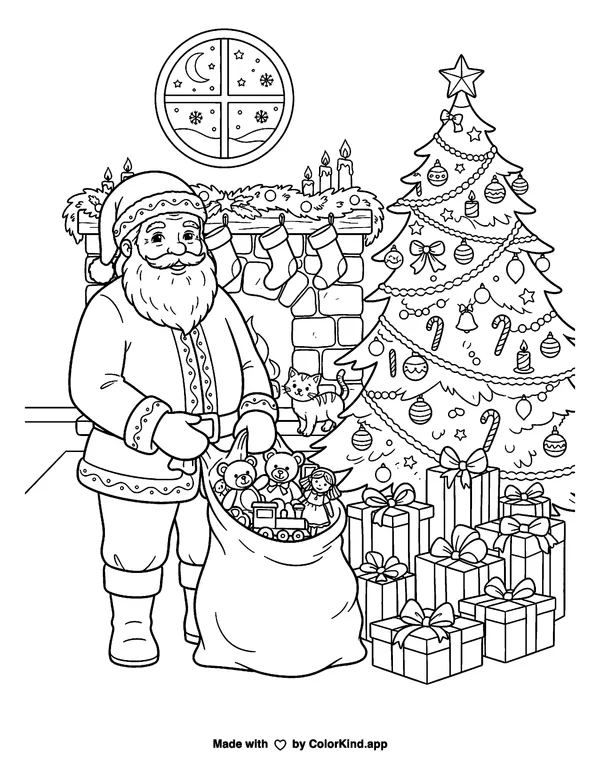 Christmas Santa as clean black-and-white printable line art made by ColorKind