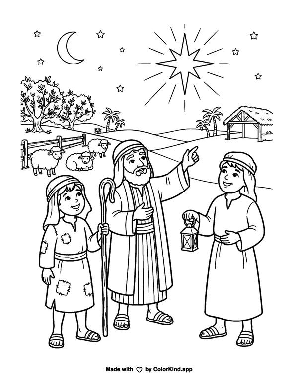 Christmas Shepherds as clean black-and-white printable line art made by ColorKind