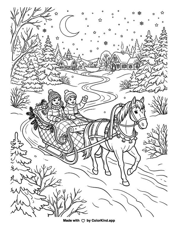 Christmas Sleigh Ride as clean black-and-white printable line art made by ColorKind