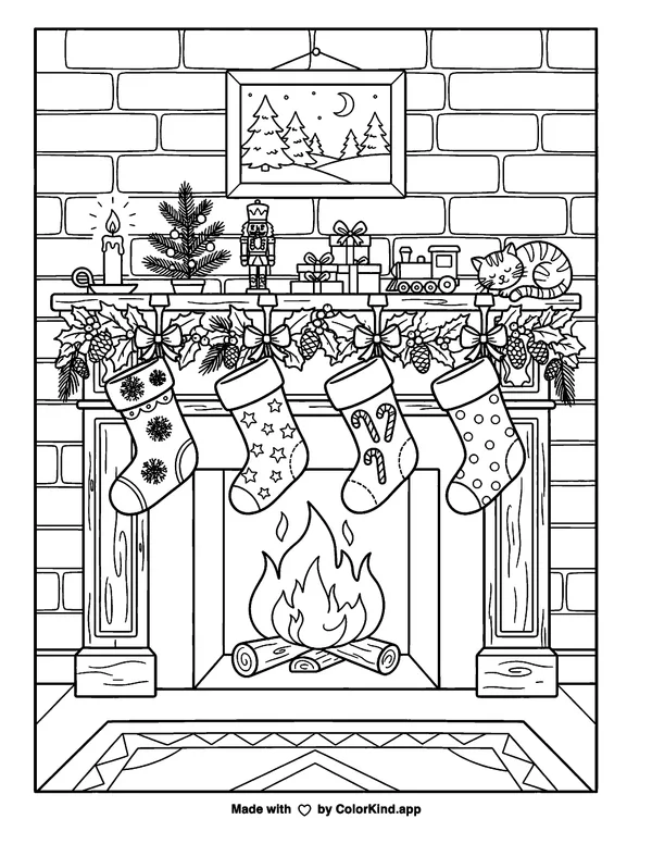 Christmas Stockings as clean black-and-white printable line art made by ColorKind