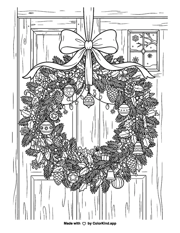 Christmas Wreath as clean black-and-white printable line art made by ColorKind
