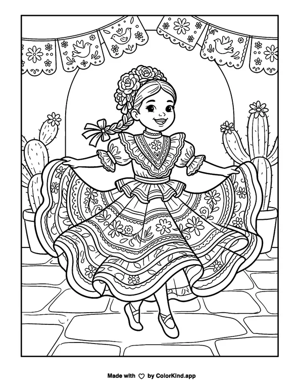 Cinco de Mayo Dancer as clean black-and-white printable line art made by ColorKind