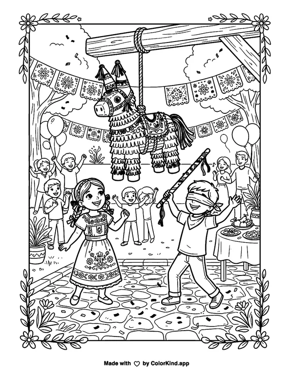 Cinco de Mayo Piñata as clean black-and-white printable line art made by ColorKind