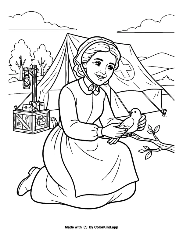 Clara Barton as clean black-and-white printable line art made by ColorKind