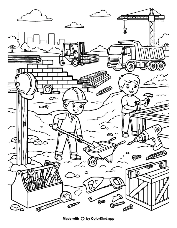 Construction Tools as clean black-and-white printable line art made by ColorKind