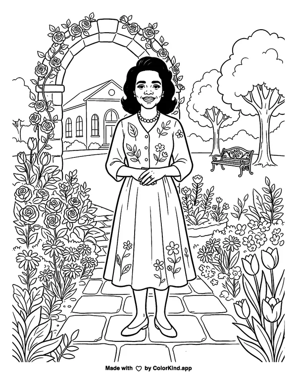 Coretta Scott King as clean black-and-white printable line art made by ColorKind