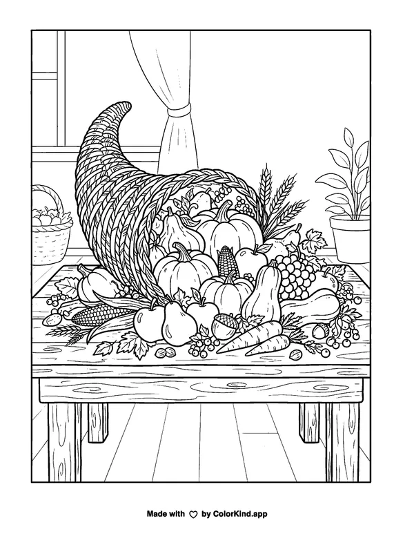 Cornucopia as clean black-and-white printable line art made by ColorKind