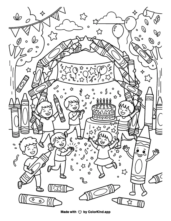 Crayon Celebration as clean black-and-white printable line art made by ColorKind