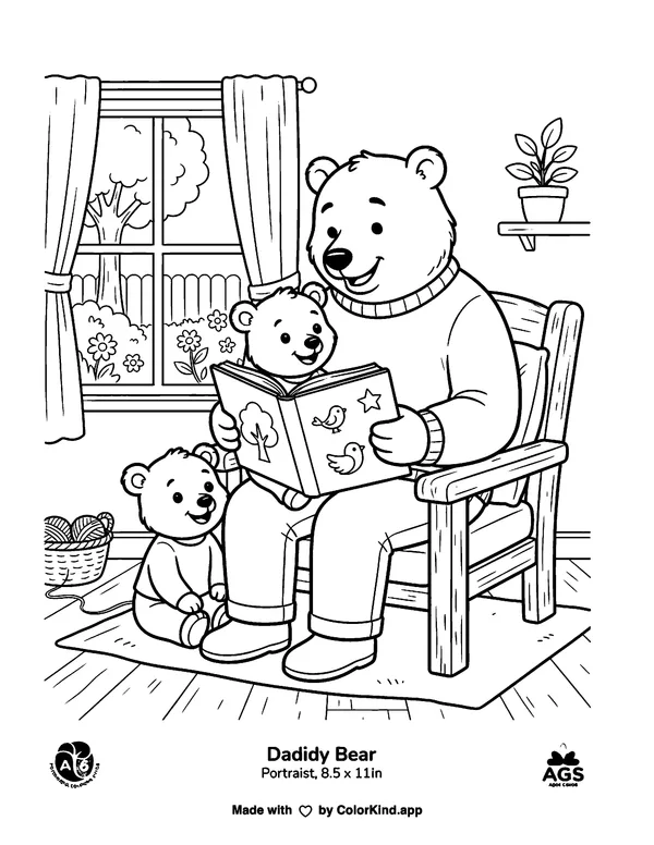 Daddy Bear as clean black-and-white printable line art made by ColorKind