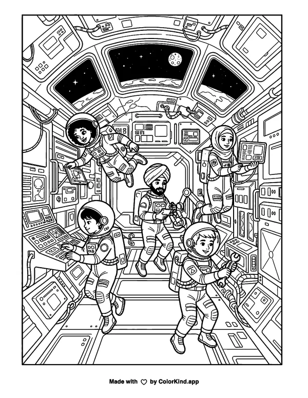 Diversity in Space as clean black-and-white printable line art made by ColorKind