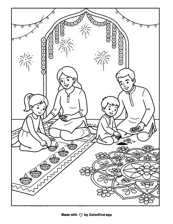 Diwali as clean black-and-white printable line art made by ColorKind