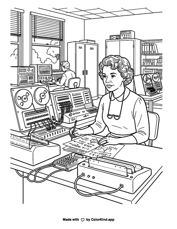 Dorothy Johnson Vaughan as clean black-and-white printable line art made by ColorKind