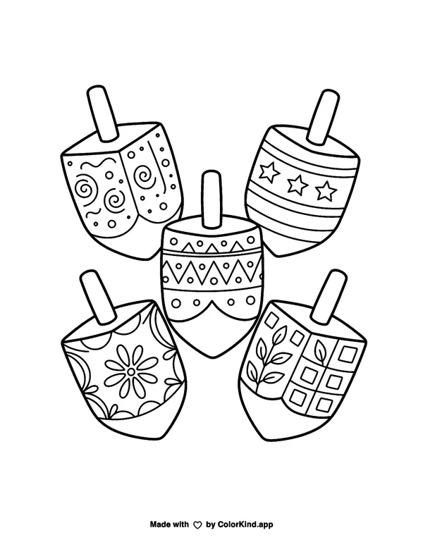 Dreidels as clean black-and-white printable line art made by ColorKind