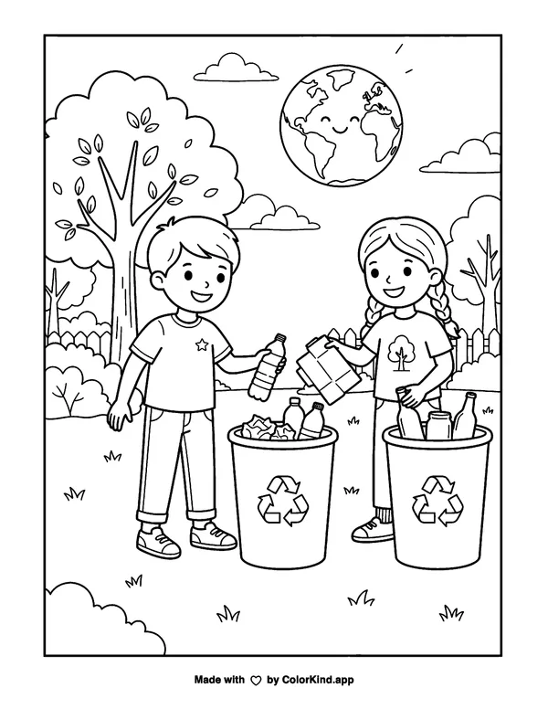 Earth Day Recycling as clean black-and-white printable line art made by ColorKind
