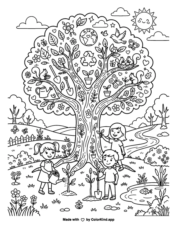 Earth Day Tree as clean black-and-white printable line art made by ColorKind