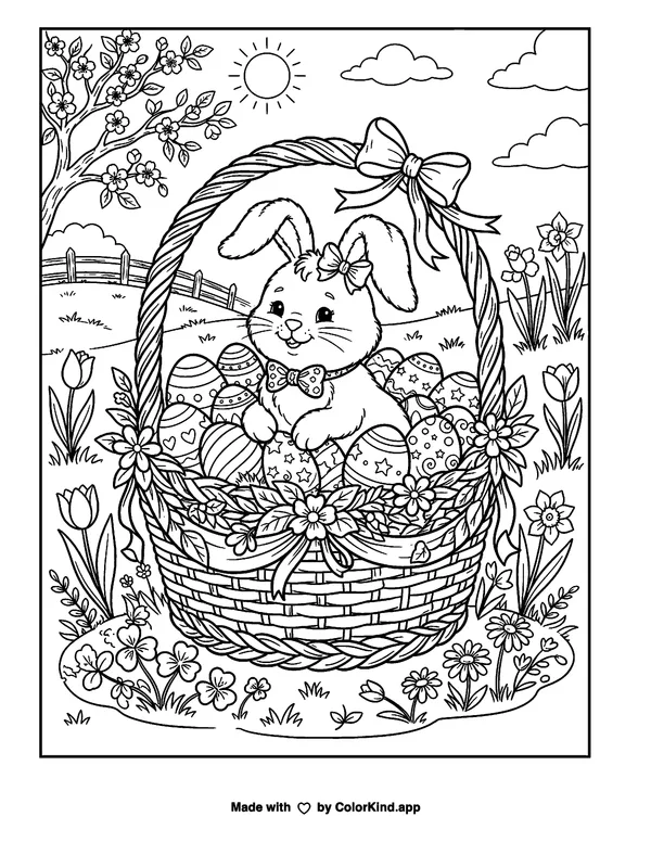 Easter Bunny in Basket as clean black-and-white printable line art made by ColorKind