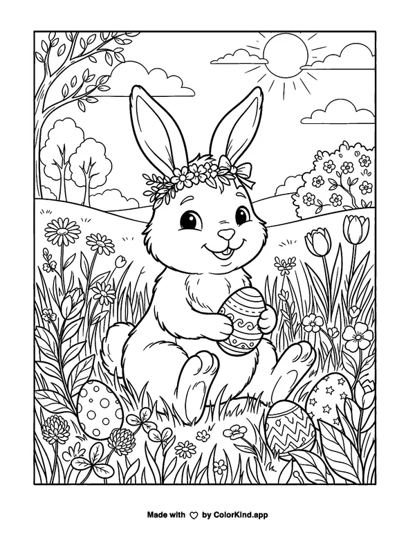 Easter Bunny in Grass as clean black-and-white printable line art made by ColorKind