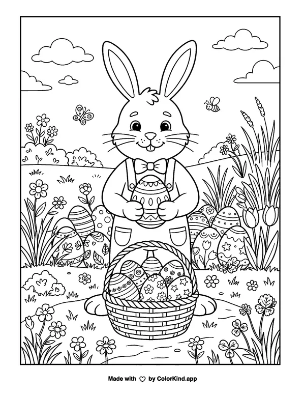 Easter Bunny with Eggs as clean black-and-white printable line art made by ColorKind