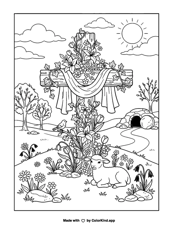 Easter Cross as clean black-and-white printable line art made by ColorKind