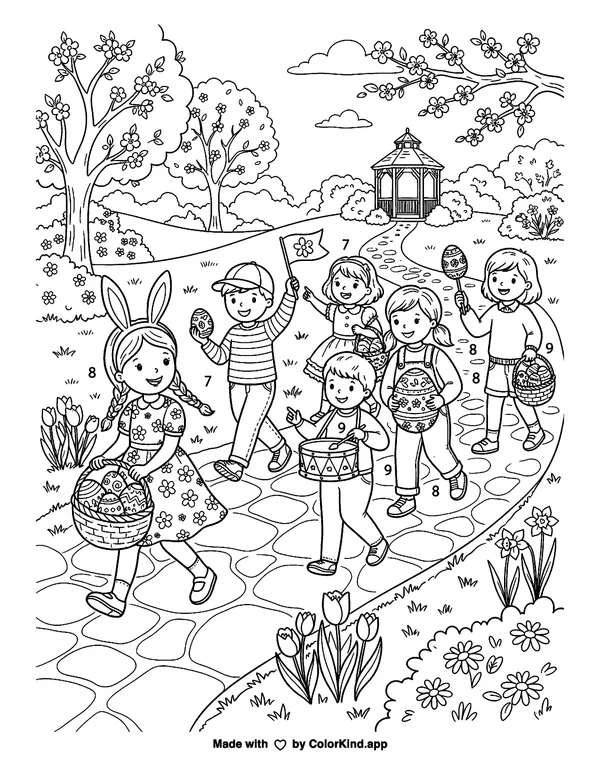 Easter Egg Parade as clean black-and-white printable line art made by ColorKind