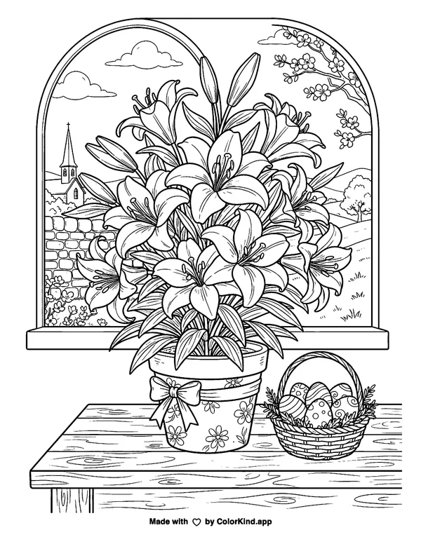 Easter Lilies II as clean black-and-white printable line art made by ColorKind