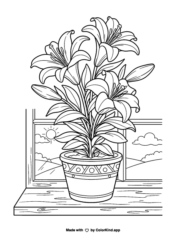 Easter Lilies as clean black-and-white printable line art made by ColorKind