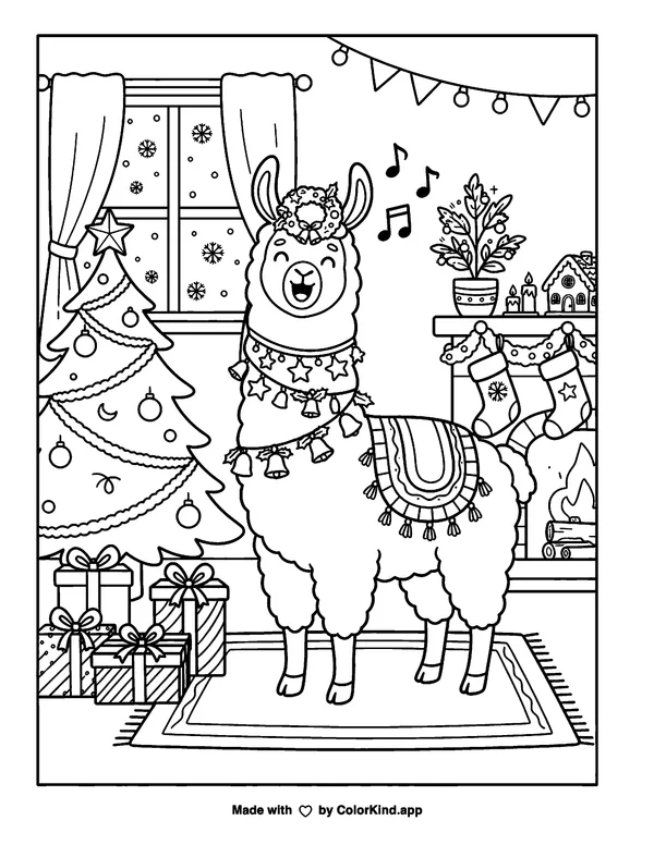 Fa La La Llama as clean black-and-white printable line art made by ColorKind