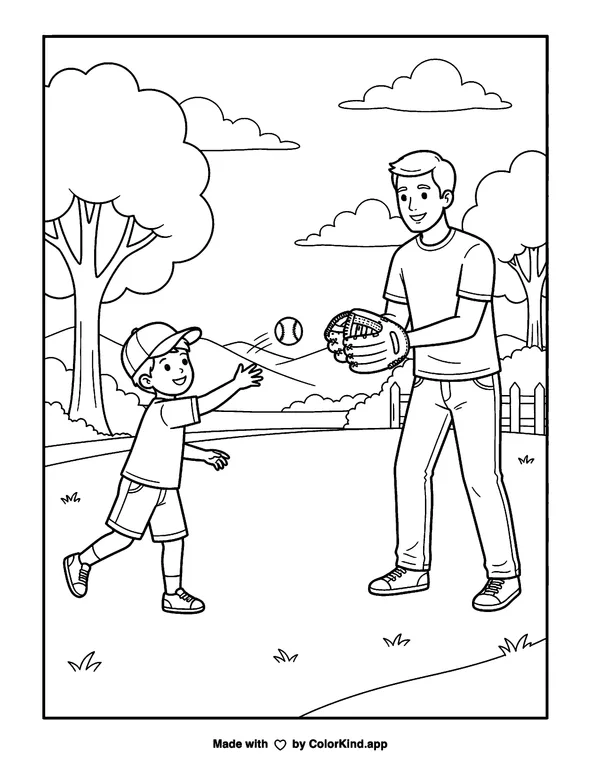 Father and Son Having A Catch as clean black-and-white printable line art made by ColorKind