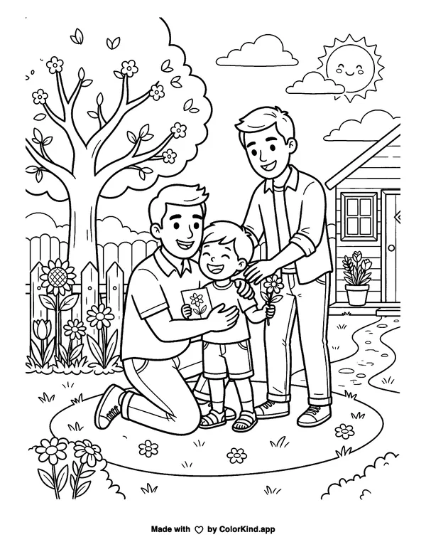 Father's Day with Two Dads as clean black-and-white printable line art made by ColorKind