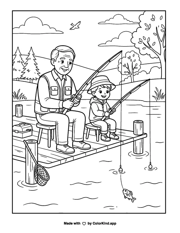 Fishing with Grandpa as clean black-and-white printable line art made by ColorKind